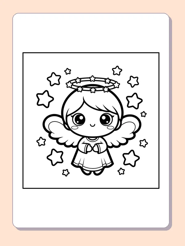 Black and white printable angel under a circle of stars coloring sheet