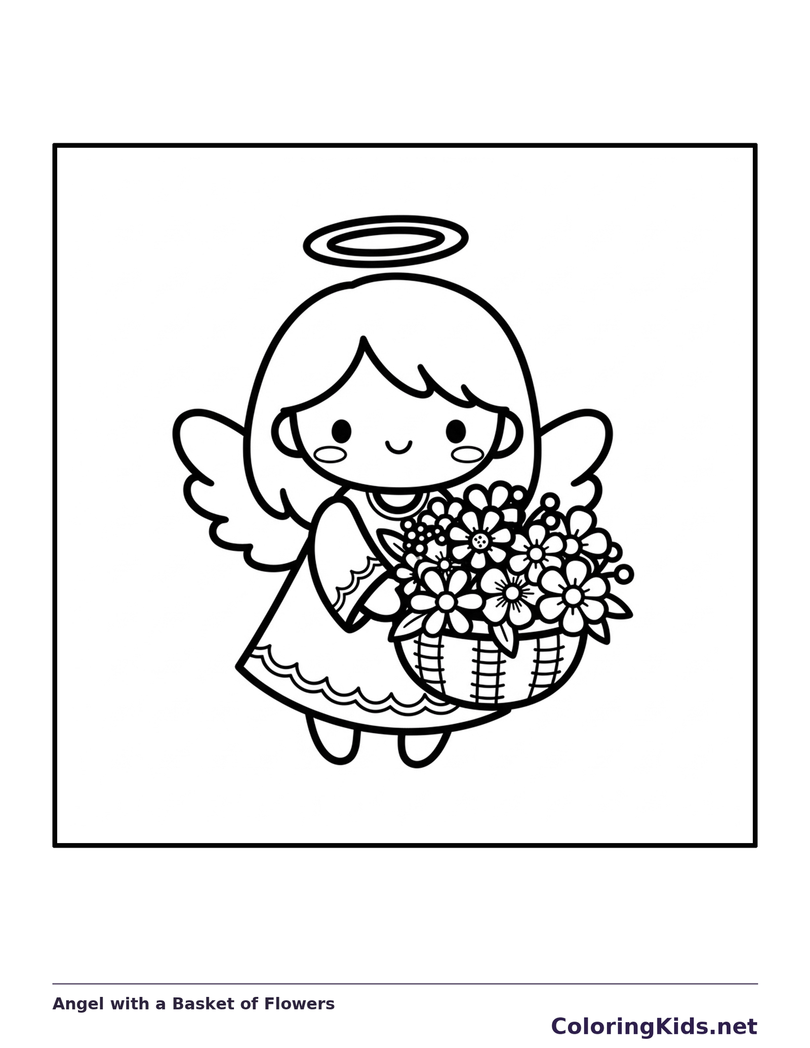 Black and white printable angel with a basket of flowers coloring sheet