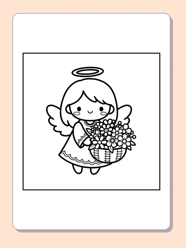 Black and white printable angel with a basket of flowers coloring sheet
