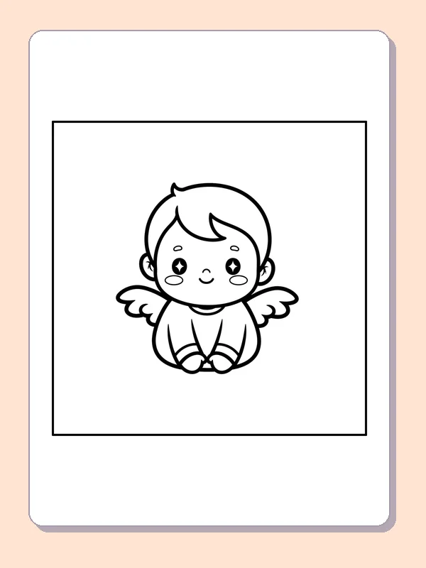 Black and white printable small seated angel with wings coloring sheet