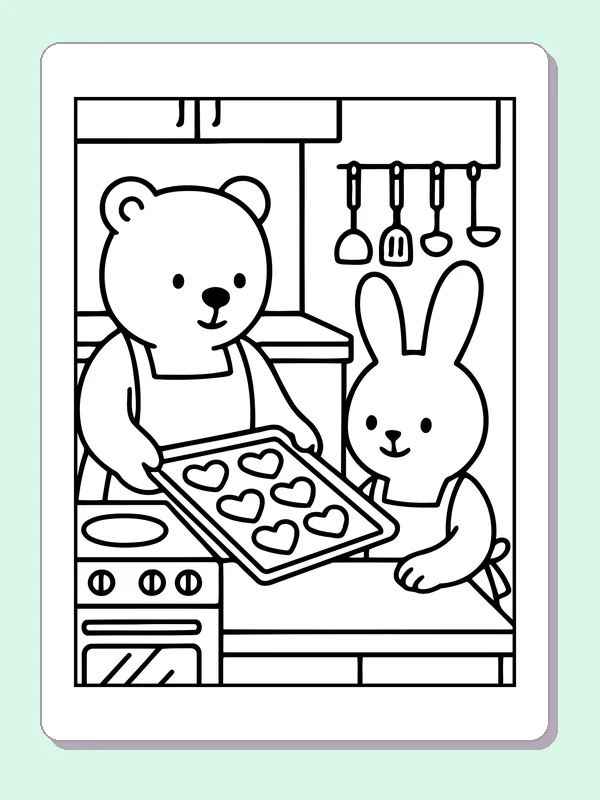 Black and white printable bear and bunny baking heart cookies coloring sheet