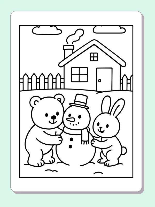 Black and white printable bear and bunny building a snow friend coloring sheet