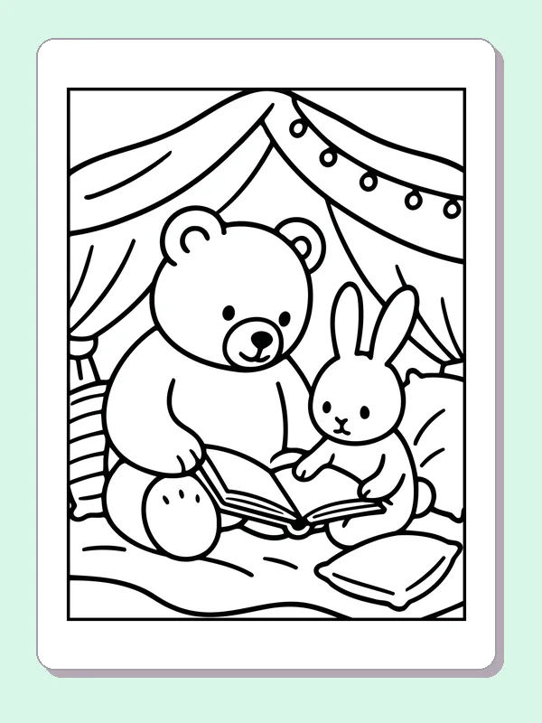 Black and white printable bear and bunny reading in a blanket tent coloring sheet