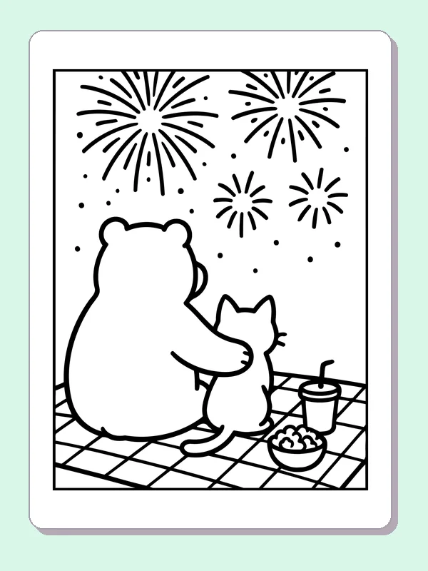 Black and white printable bear and kitten watching fireworks coloring sheet