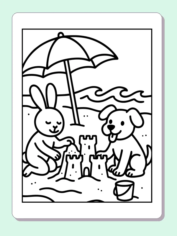 Black and white printable bunny and puppy building a sandcastle coloring sheet