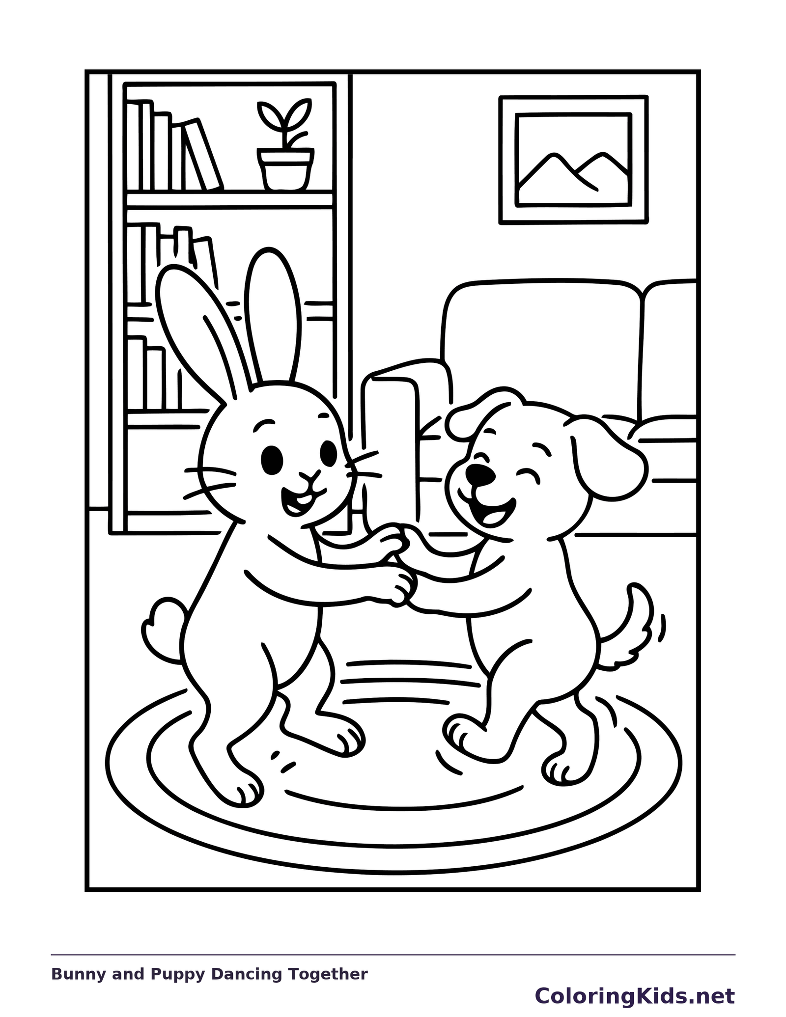 Black and white printable bunny and puppy dancing together coloring sheet