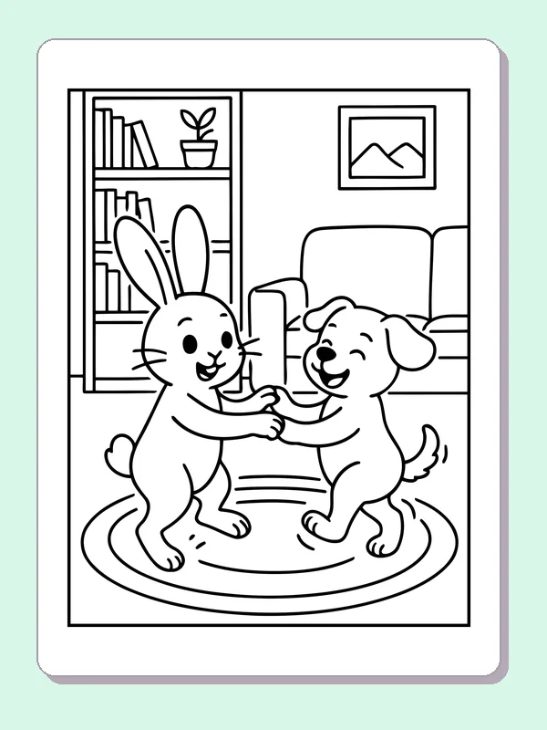 Black and white printable bunny and puppy dancing together coloring sheet