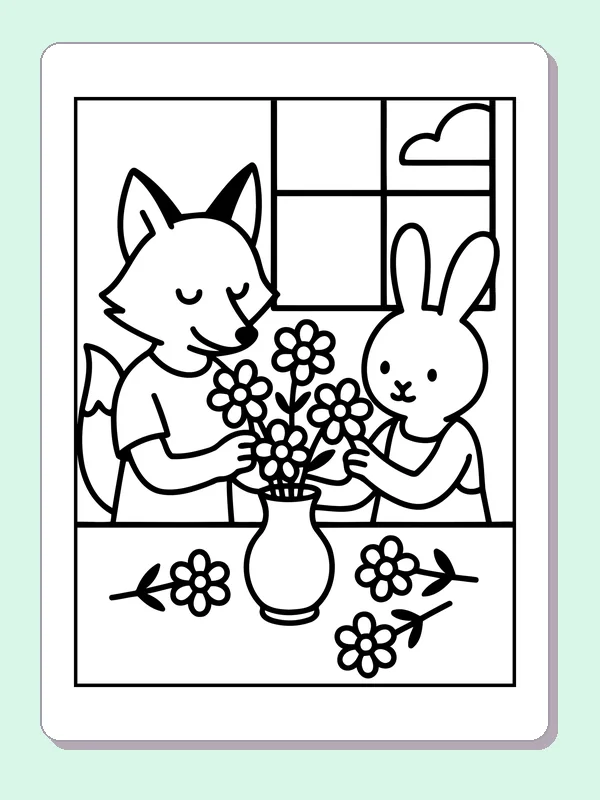 Black and white printable fox and bunny arranging flowers coloring sheet