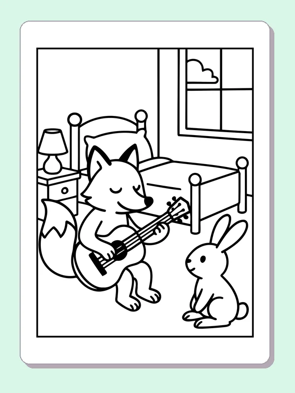 Black and white printable fox playing guitar for a bunny coloring sheet