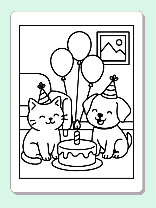 Black and white printable kitten and puppy at a birthday party coloring sheet