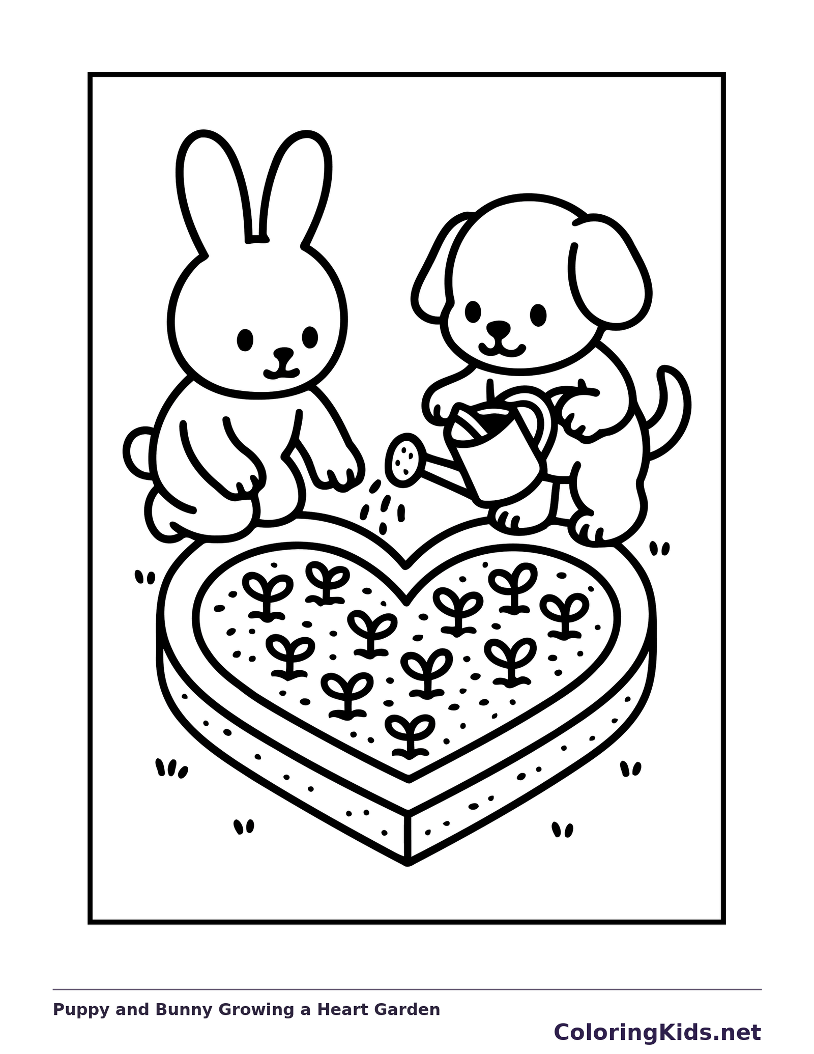 Black and white printable puppy and bunny growing a heart garden coloring sheet