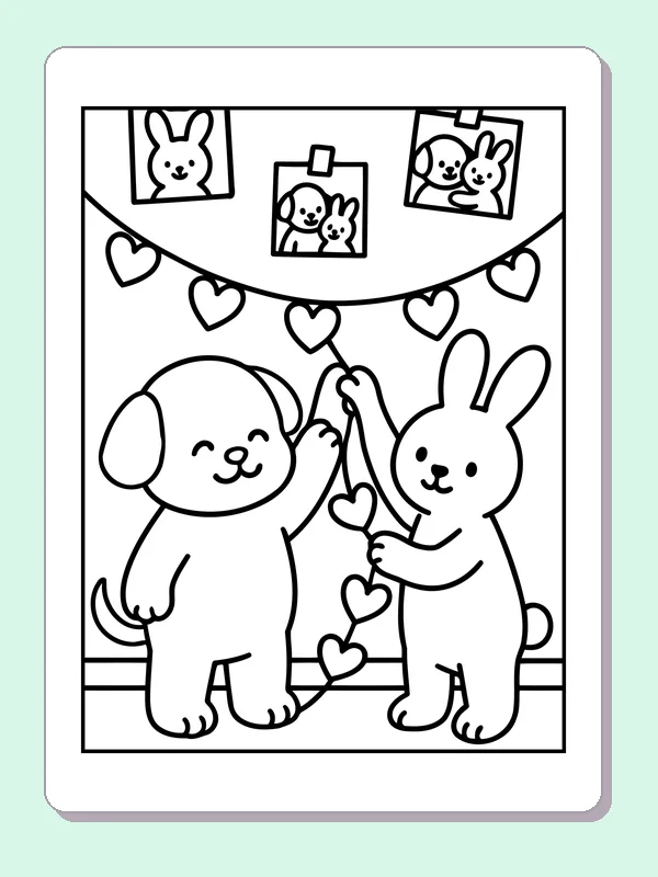 Black and white printable puppy and bunny hanging heart garlands coloring sheet