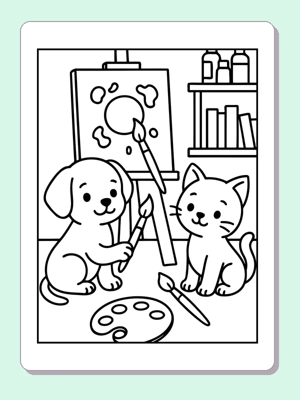 Black and white printable puppy and kitten painting together coloring sheet