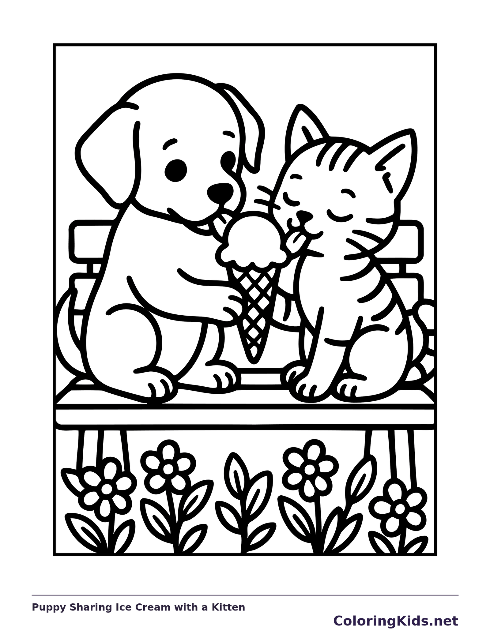 Black and white printable puppy sharing ice cream with a kitten coloring sheet