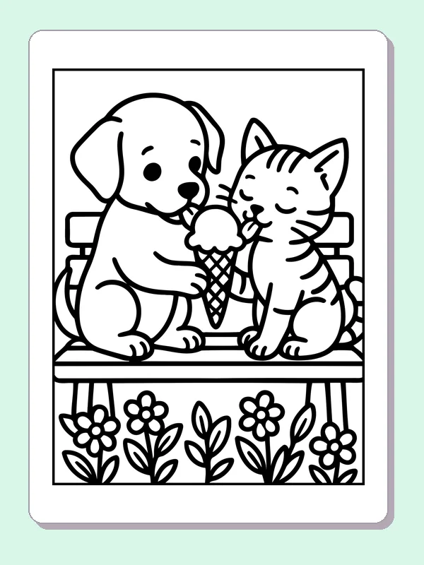 Black and white printable puppy sharing ice cream with a kitten coloring sheet