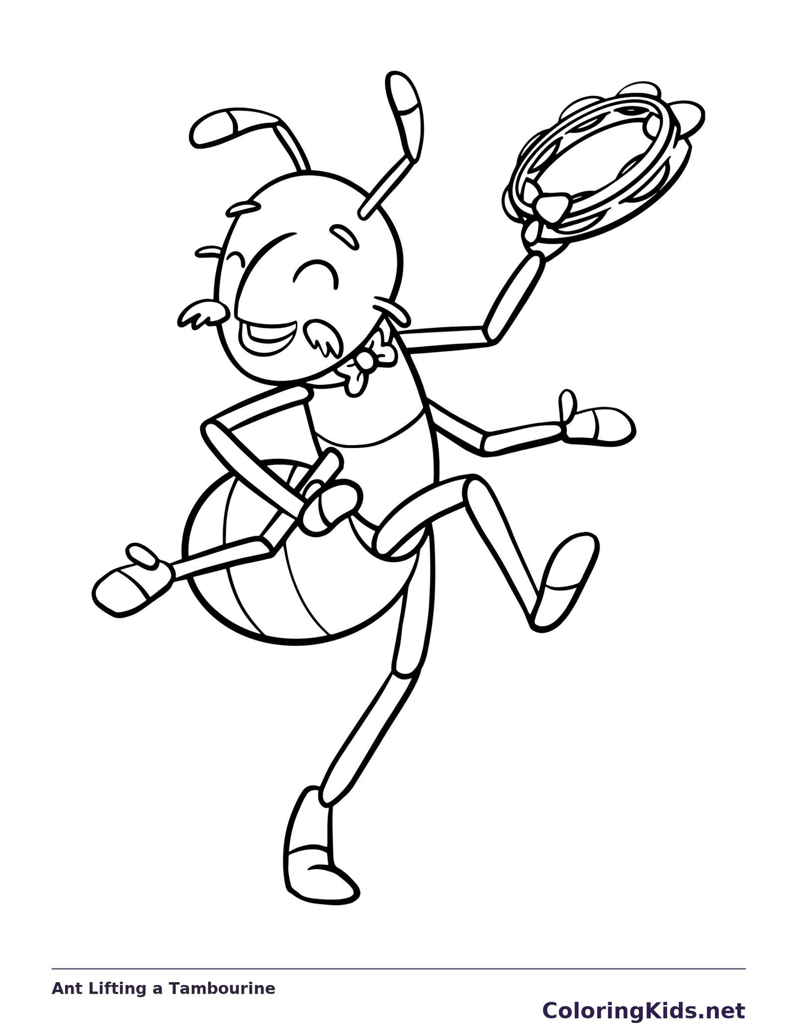 Black and white printable ant lifting a tambourine coloring sheet