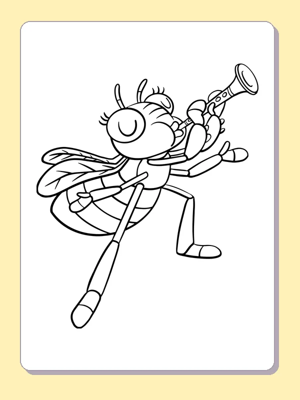 Black and white printable bee blowing a trumpet coloring sheet