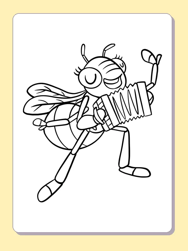 Black and white printable bee playing an accordion coloring sheet