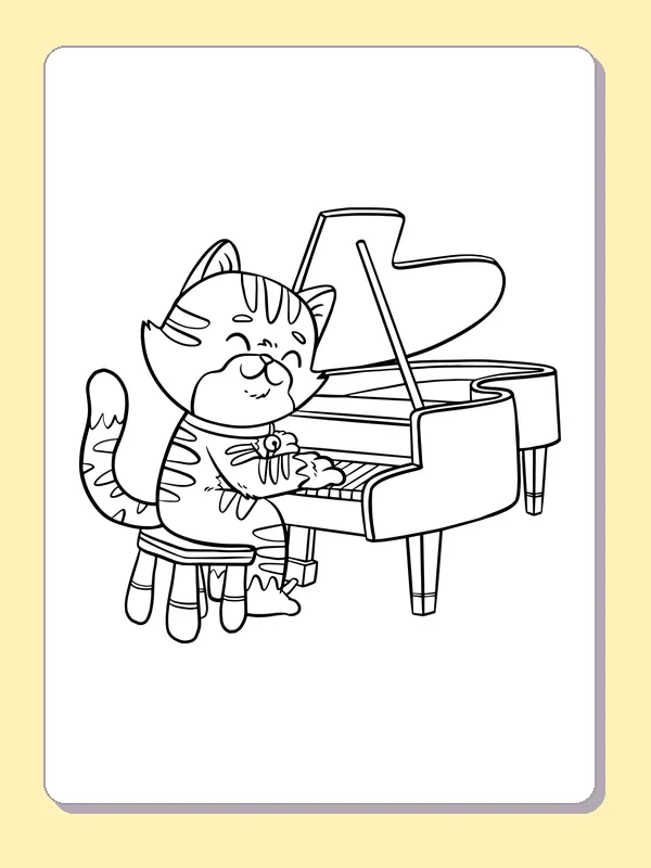 Black and white printable cat playing a grand piano coloring sheet