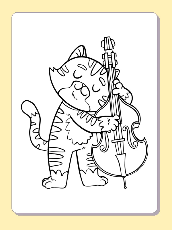 Black and white printable cat playing an upright bass coloring sheet