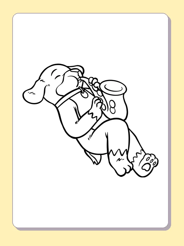 Black and white printable dog playing a saxophone coloring sheet