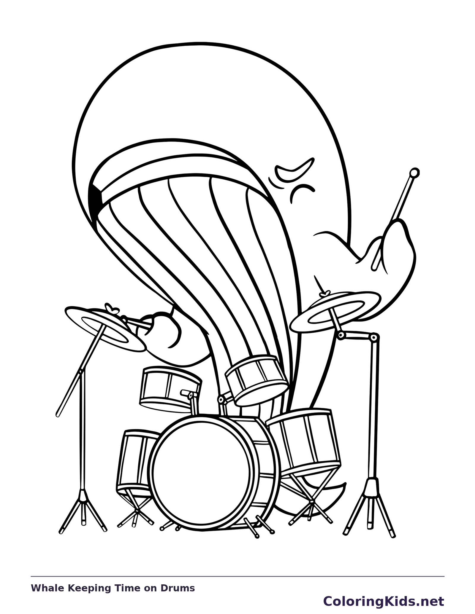Black and white printable whale keeping time on drums coloring sheet