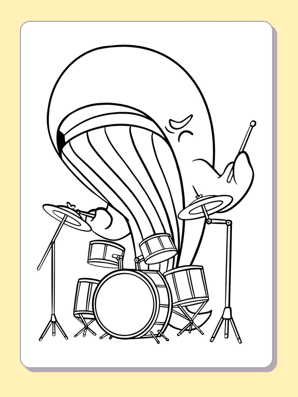 Black and white printable whale keeping time on drums coloring sheet