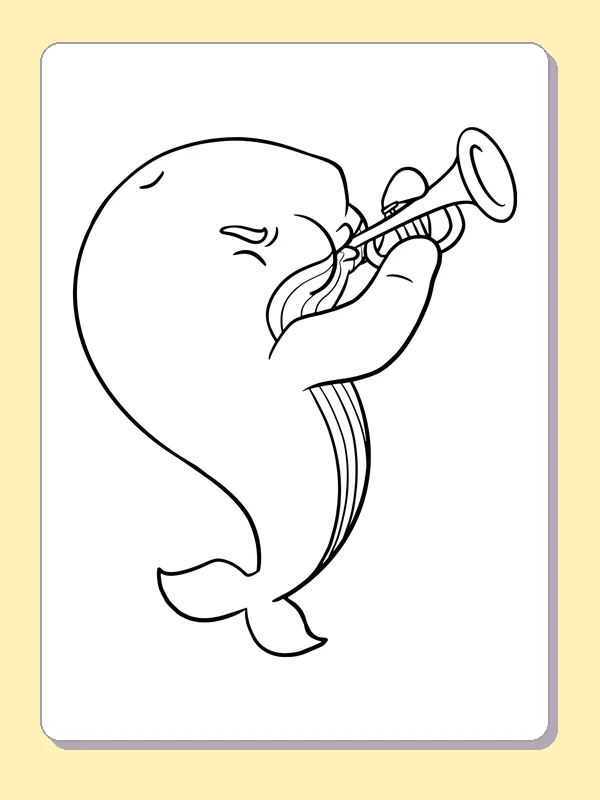 Black and white printable whale playing a trumpet coloring sheet