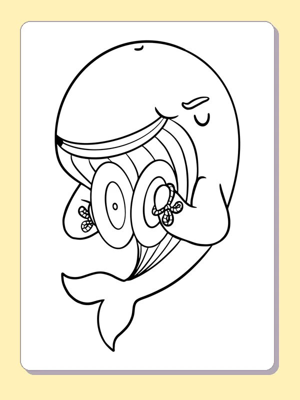 Black and white printable whale plucking a harp coloring sheet