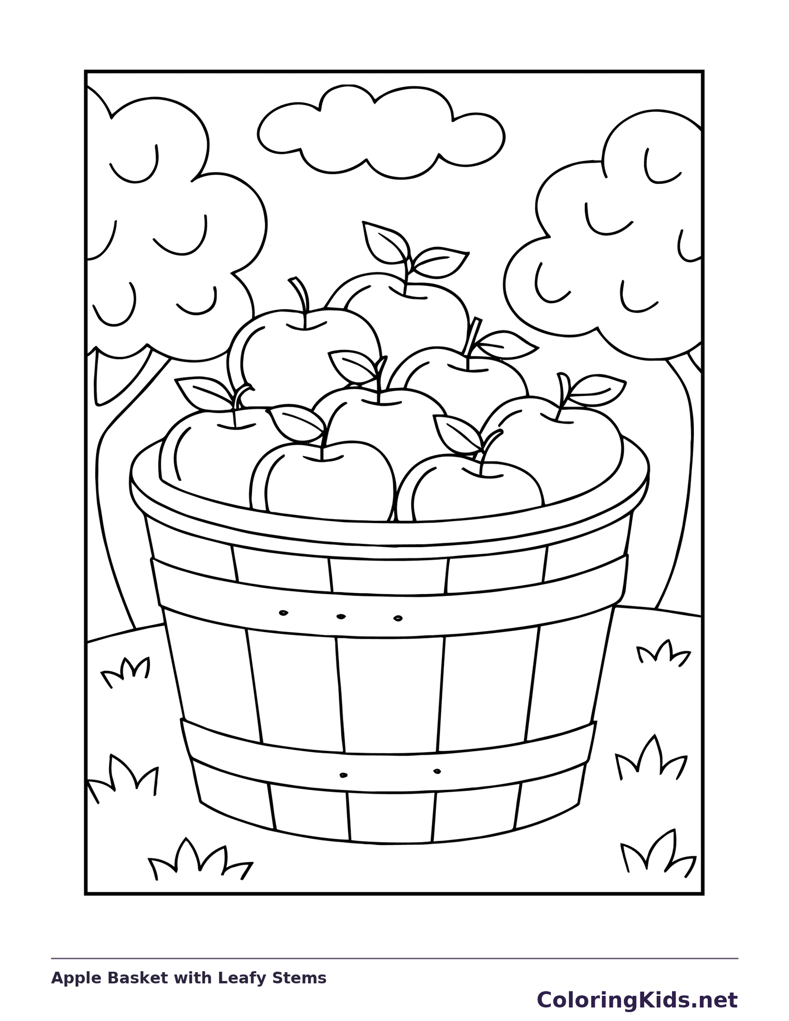 Apple Basket with Leafy Stems coloring page: black and white line art to print or color online