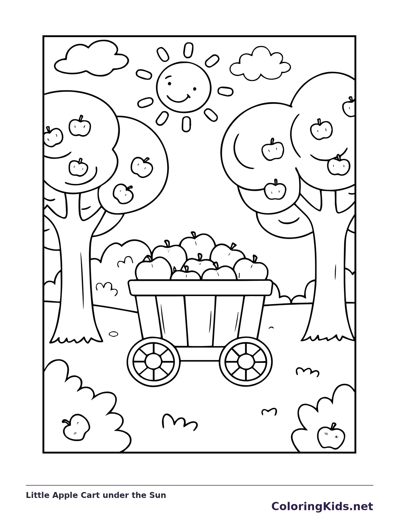 Little Apple Cart under the Sun coloring page: black and white line art to print or color online