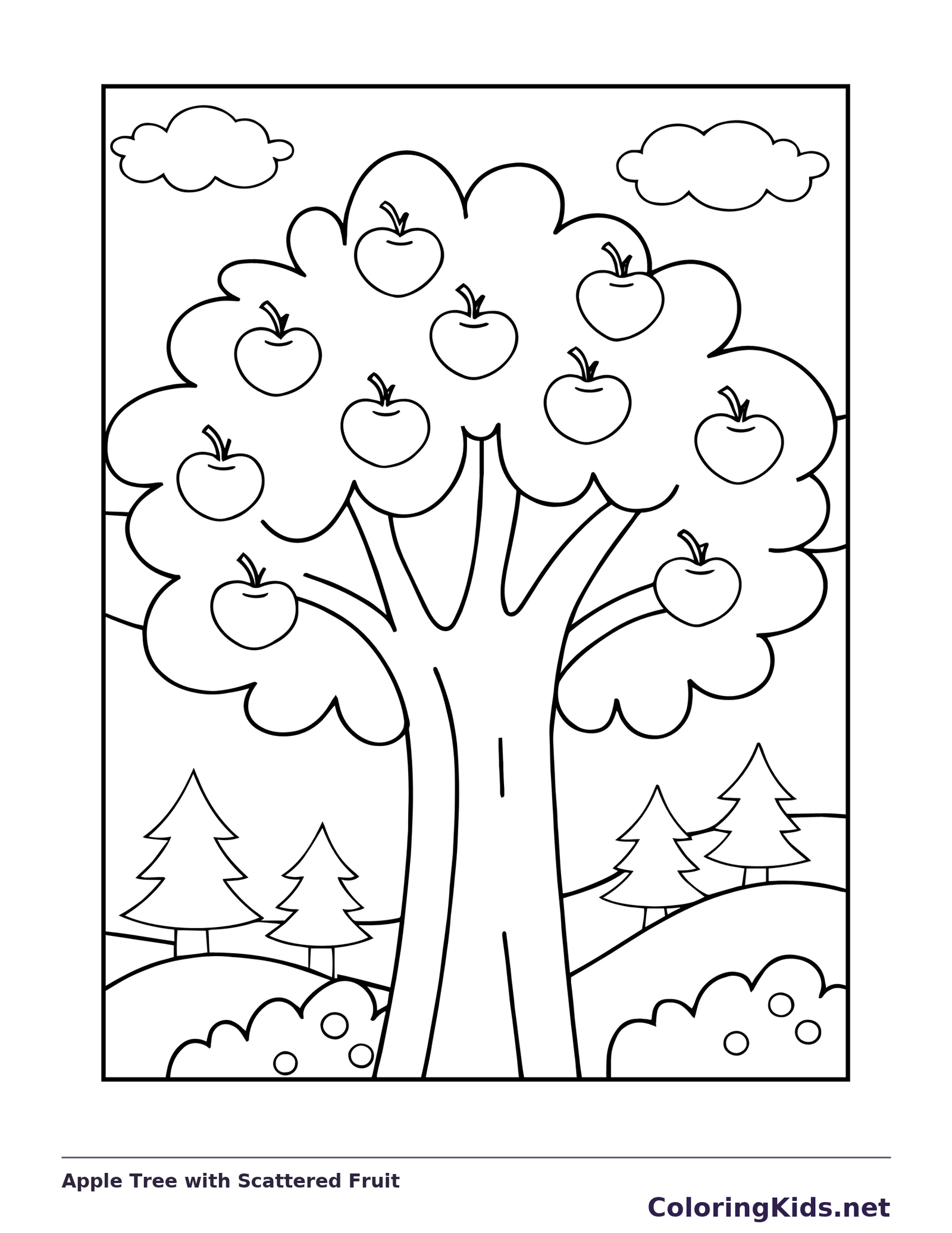 Apple Tree with Scattered Fruit coloring page: black and white line art to print or color online