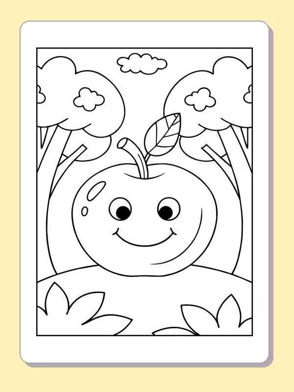 Smiling Apple between Woodland Trees coloring page: black and white line art to print or color online