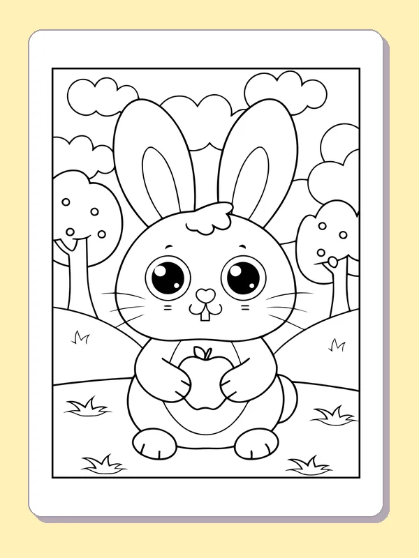 Orchard Bunny with an Apple coloring page: black and white line art to print or color online