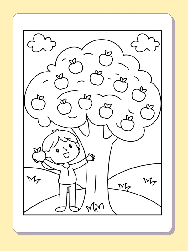 Child below an Apple Canopy coloring page: black and white line art to print or color online