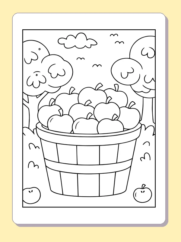 Apple Basket between Orchard Trunks coloring page: black and white line art to print or color online