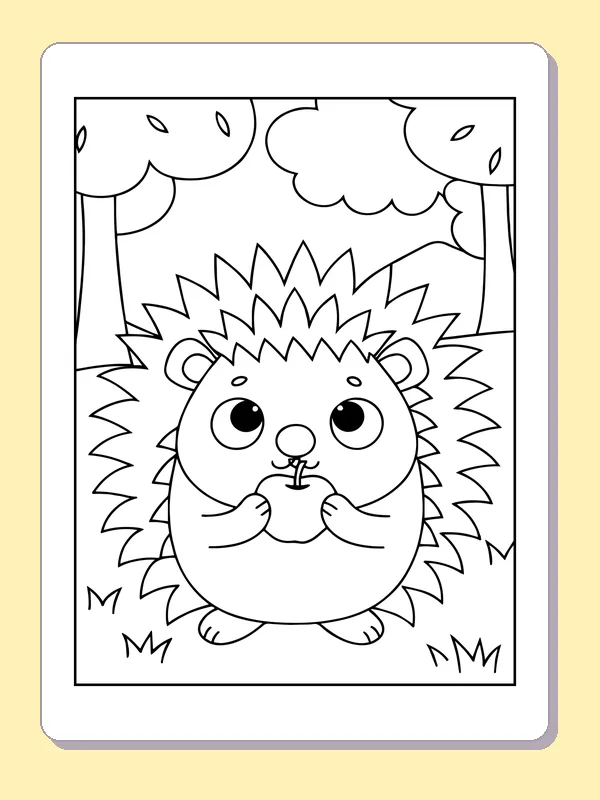 Hedgehog with a Tiny Apple coloring page: black and white line art to print or color online