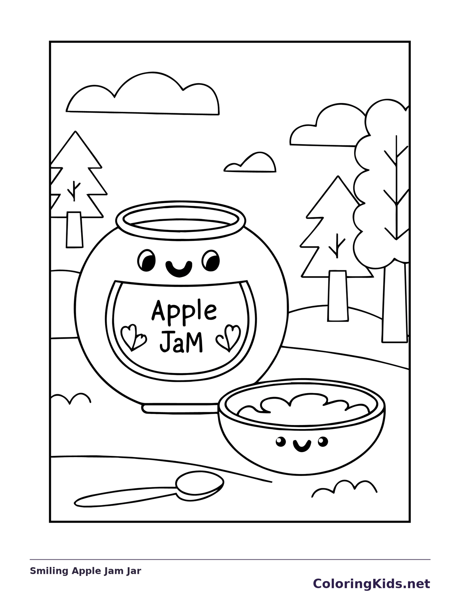 Smiling Apple Jam Jar coloring page: black and white line art to print or color online