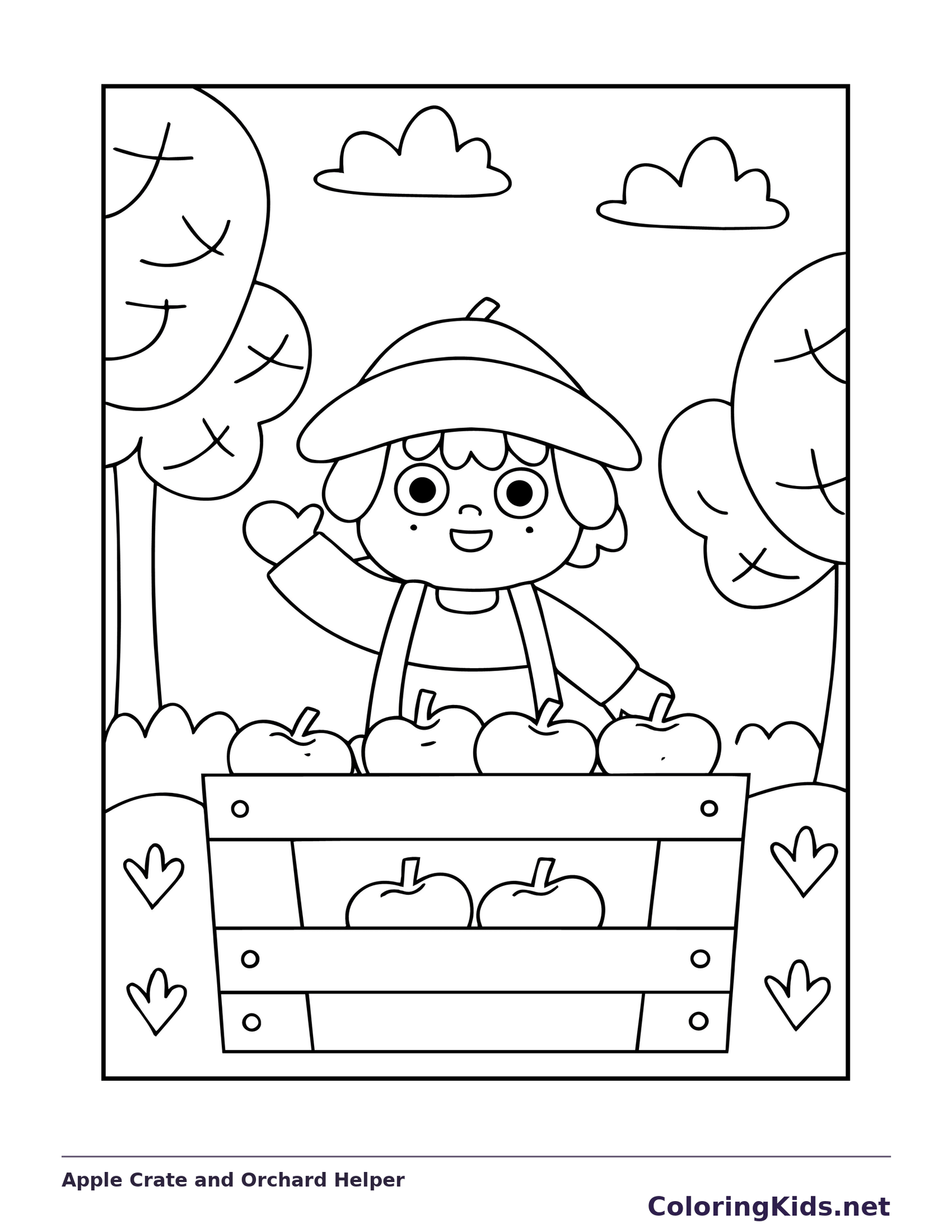 Apple Crate and Orchard Helper coloring page: black and white line art to print or color online
