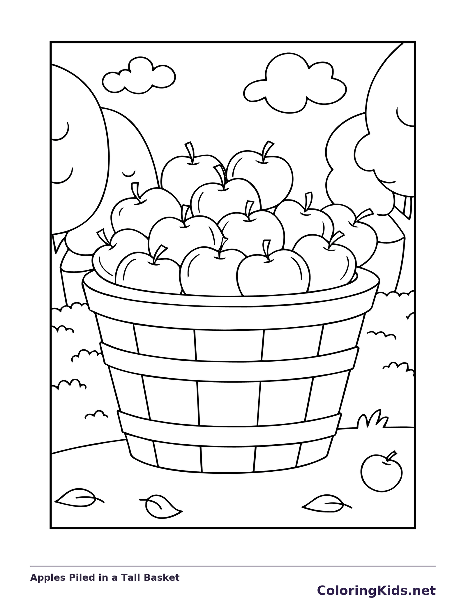 Apples Piled in a Tall Basket coloring page: black and white line art to print or color online