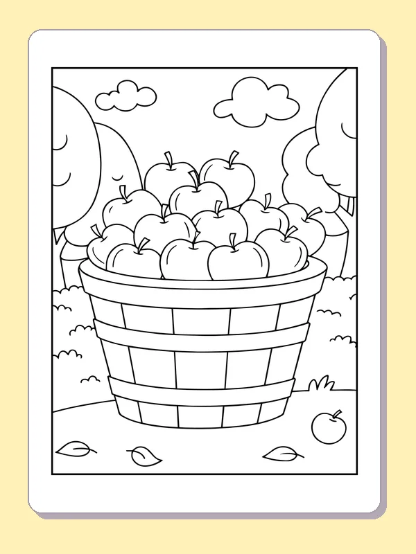 Apples Piled in a Tall Basket coloring page: black and white line art to print or color online