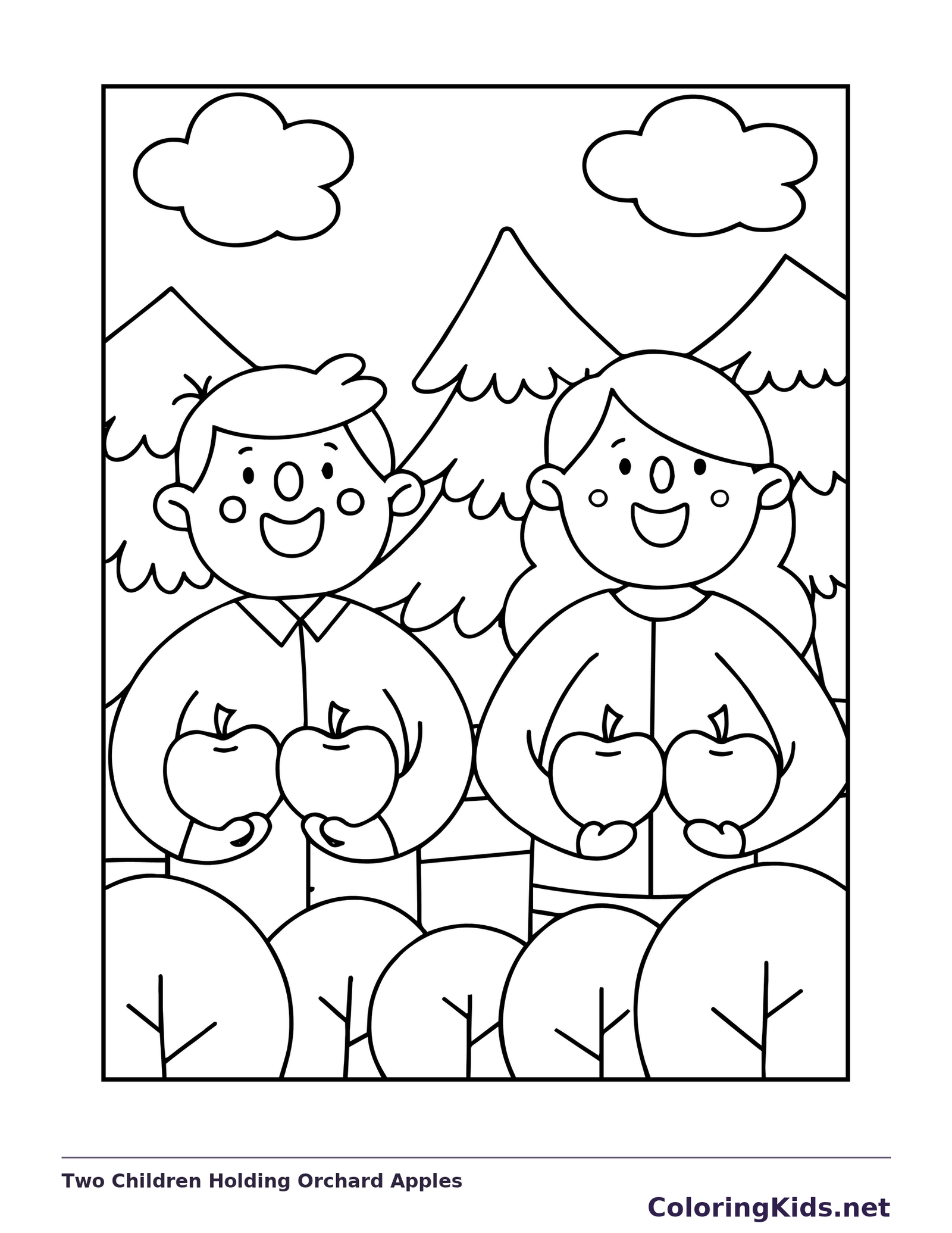 Two Children Holding Orchard Apples coloring page: black and white line art to print or color online