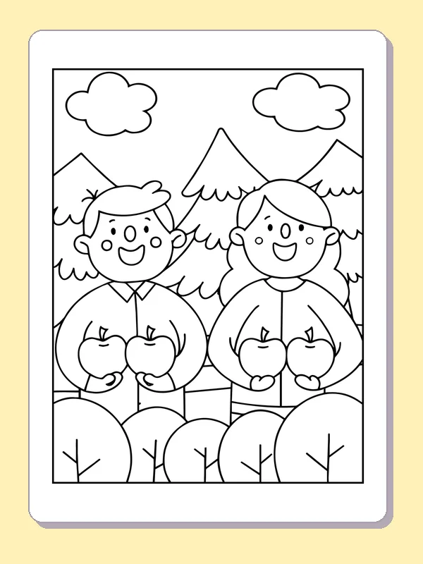 Two Children Holding Orchard Apples coloring page: black and white line art to print or color online