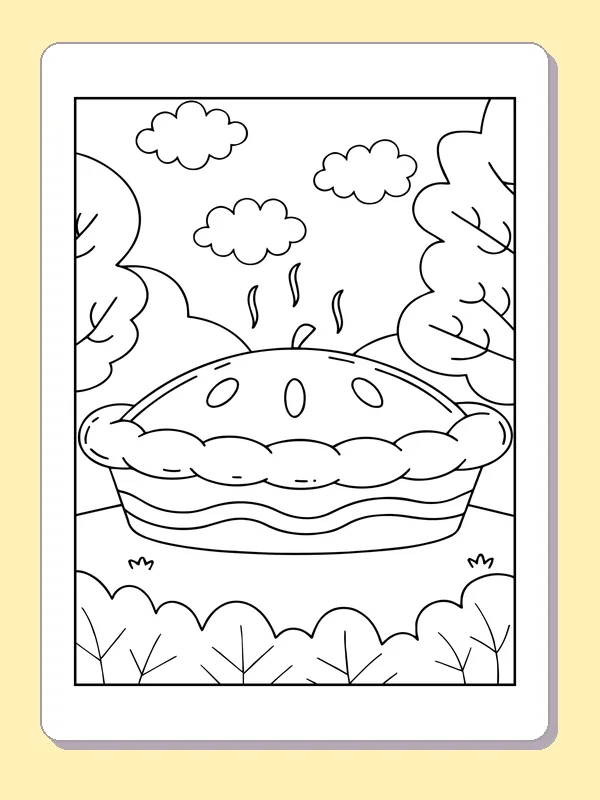 Steaming Pie among Trees coloring page: black and white line art to print or color online