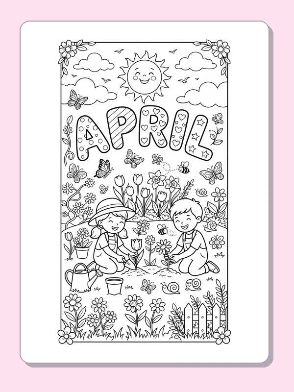 Two children gardening among many flowers, insects and a fence beneath April lettering