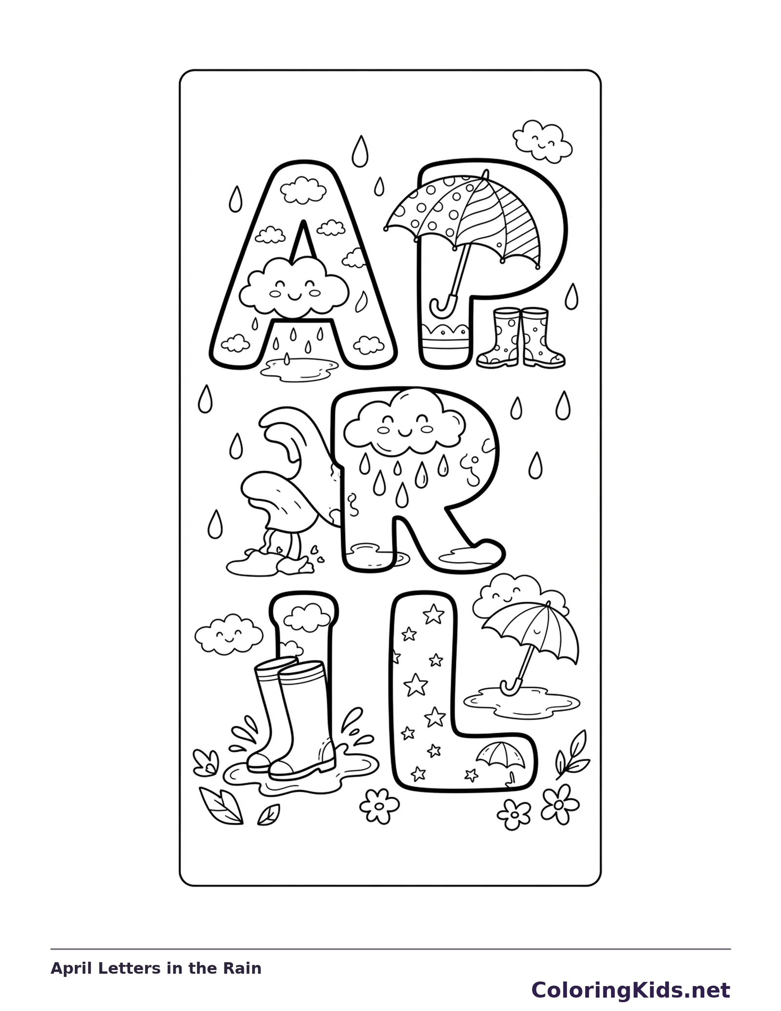 Large April letters filled with rain clouds, umbrella, boots and puddle details