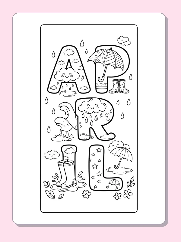 Large April letters filled with rain clouds, umbrella, boots and puddle details