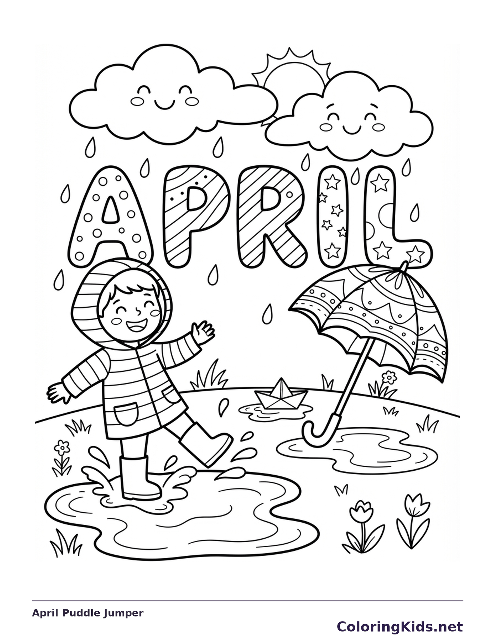 Child in a hooded coat stepping into a puddle beside an umbrella and paper boat under April letters