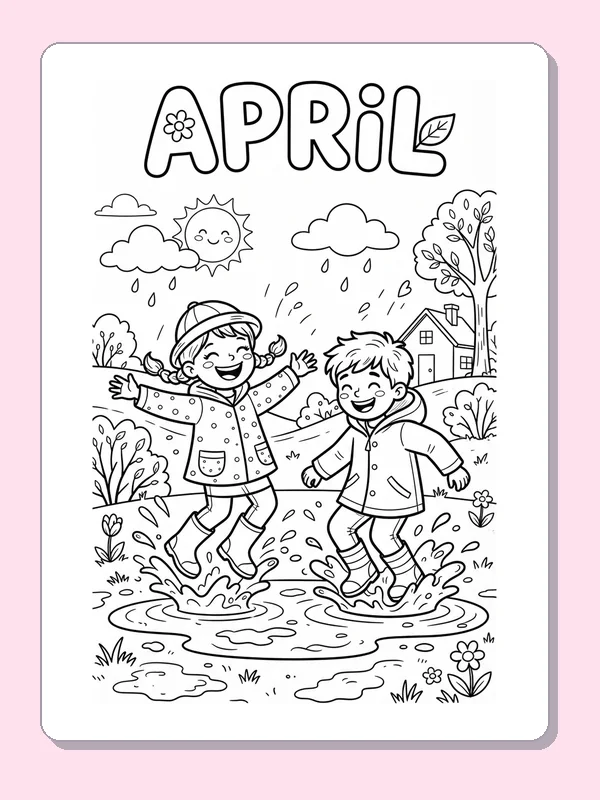 Two children splashing in large puddles with a house, tree, clouds and April lettering