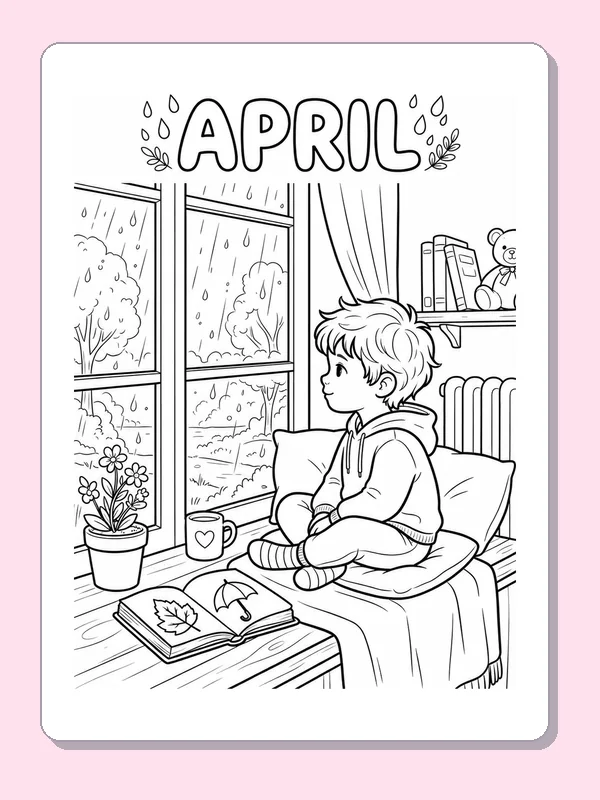 Child sitting by an April rain window with a mug, flowerpot and open book showing a leaf and umbrella